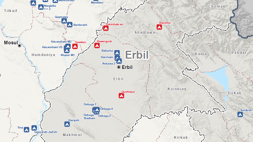 The location of the four Syrian refugee camps within Erbil Governorate in red.
